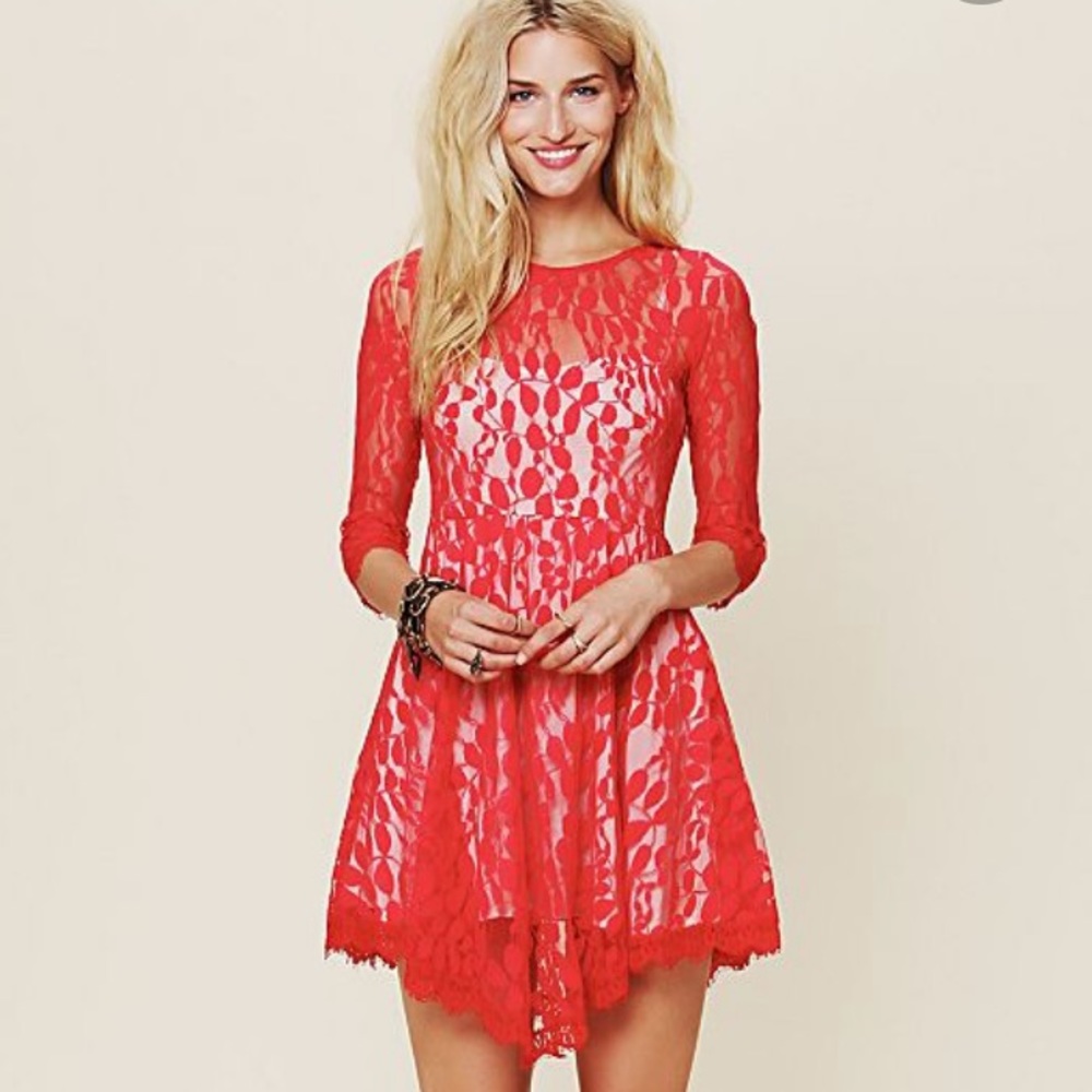 Free People Red Lace 3/4 Sleeve Dress